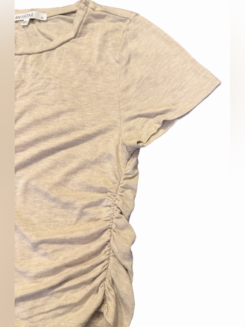 Antistar Cropped Short Sleeve Ruched Tee in Oatmeal